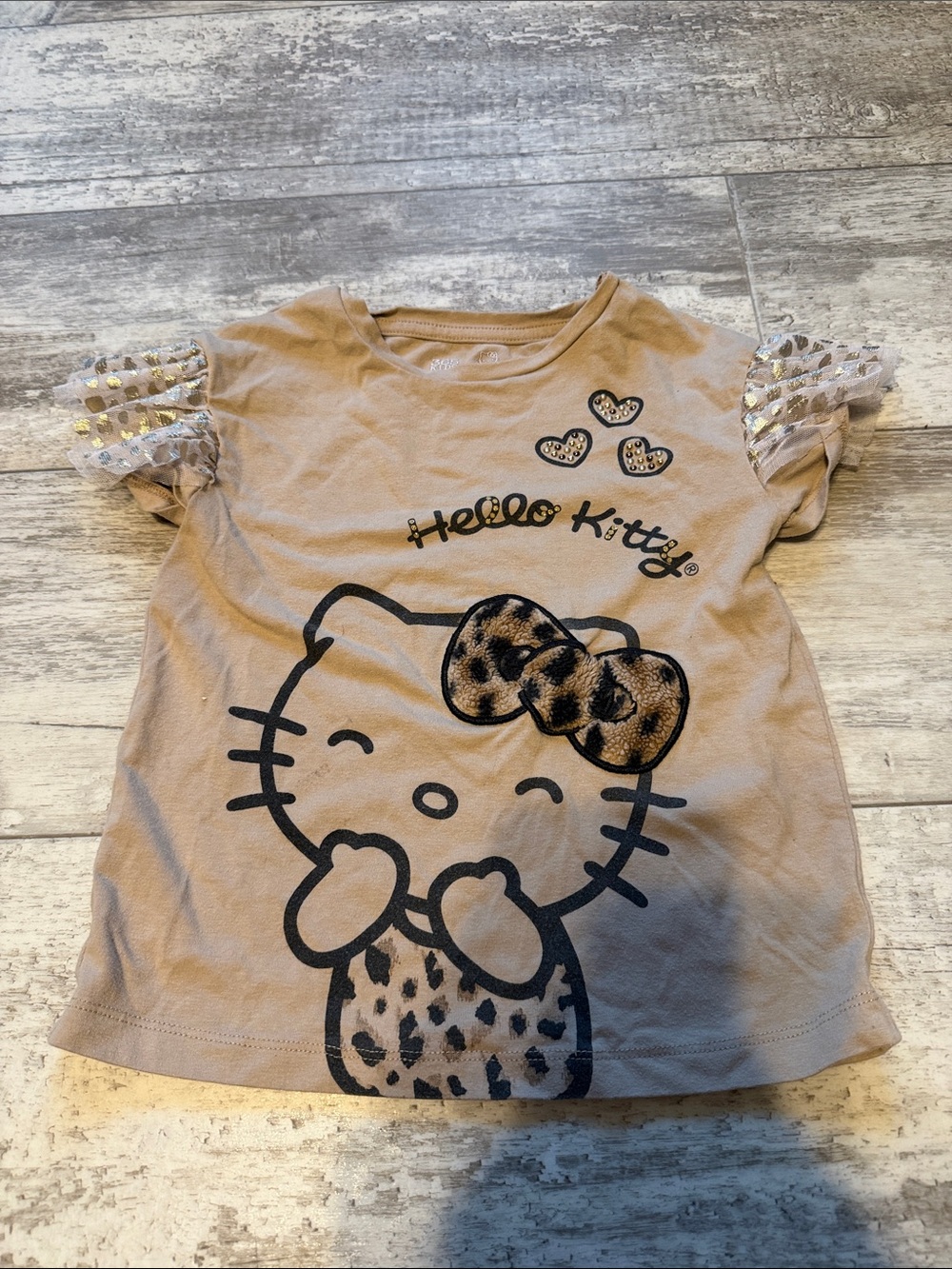 Hello Kitty Tan Short Sleeve Tee with Leopard Bow Detail